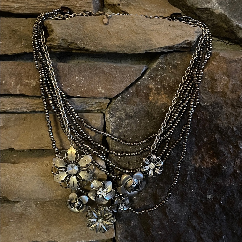 Floral Silver Necklace with bronze string necklace